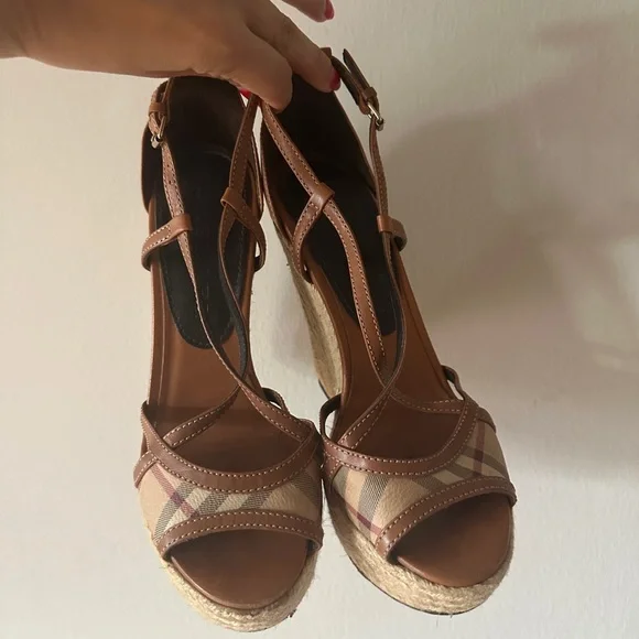 Burberry Brown Leather Novacheck Cross Strap Espadrille Wedge Sandals - Picture 5 of 8